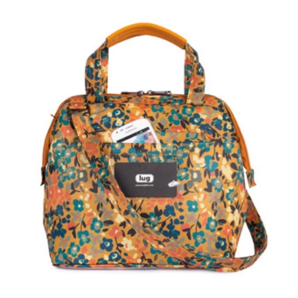 LUG Chomper Mustard Yellow Floral Insulated Lunch Bag with Pockets Zip Closure